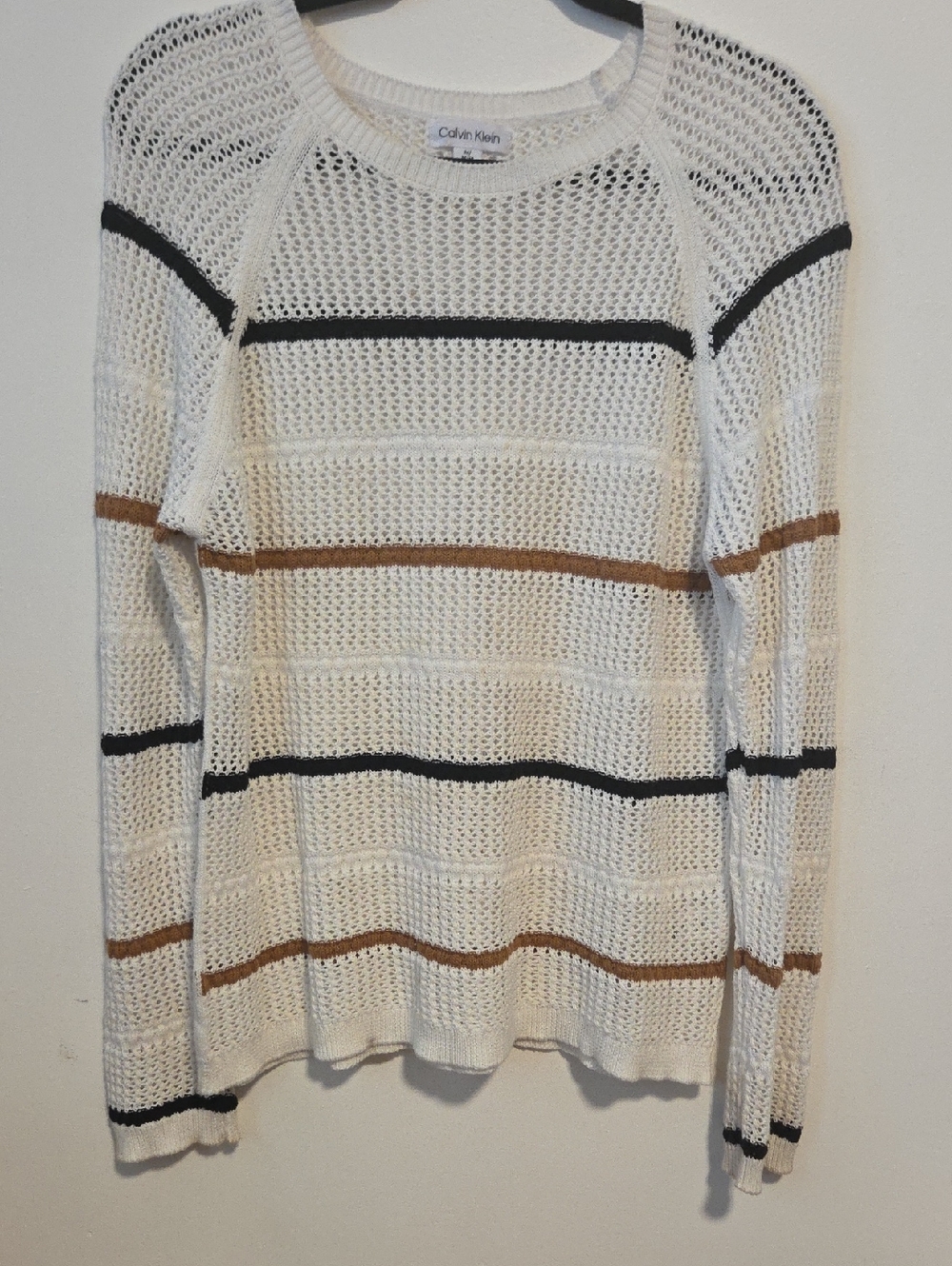Calvin Klein Cream Open-Weave Sweater with Black Trim